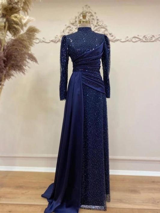 Long Sleeve Sequin Evening Dress, Modest Party Dress