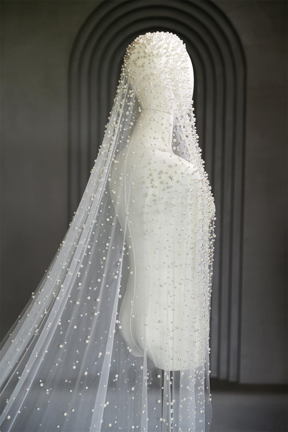 Pearl Embellished Cathedral Wedding Veil