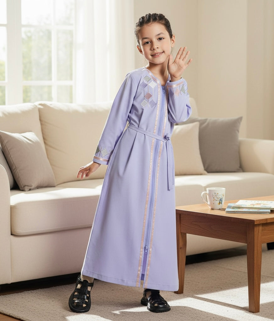 Girls' Embroidered Zippered Abaya - Premium Kids' Modest Hijab Dress