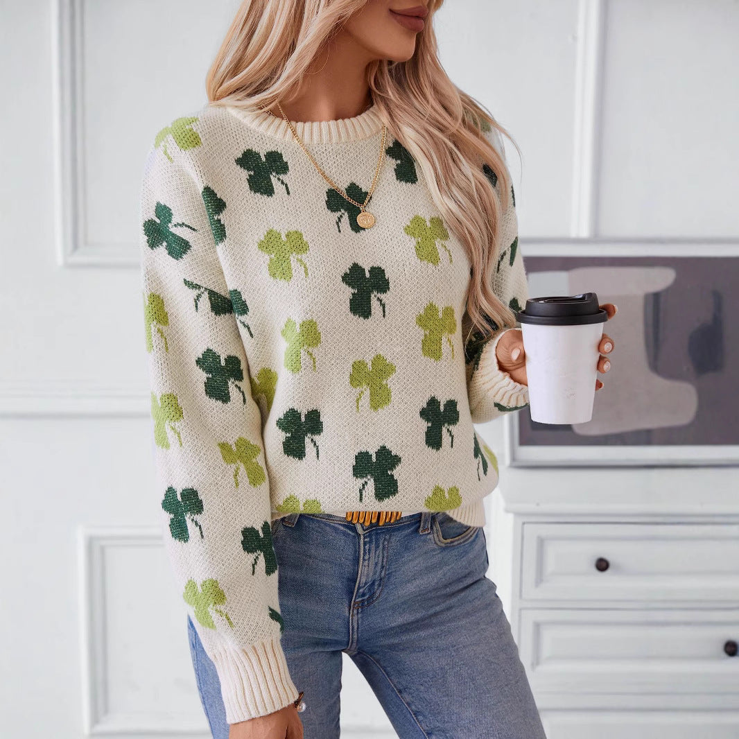 Drizzle Clover Jacquard Pullover Women's Sweater