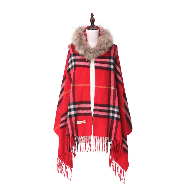 Women's Fur Collar Wool Plaid Scarf