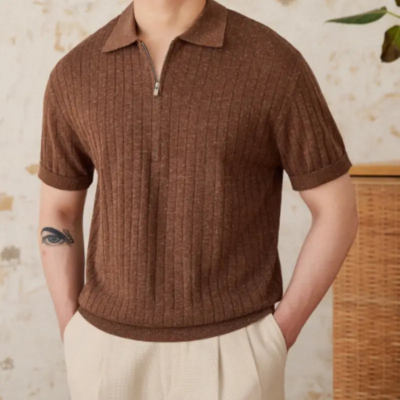 Men’s Linen Blend Lapel Zipper Stripe Short Sleeve T-shirt