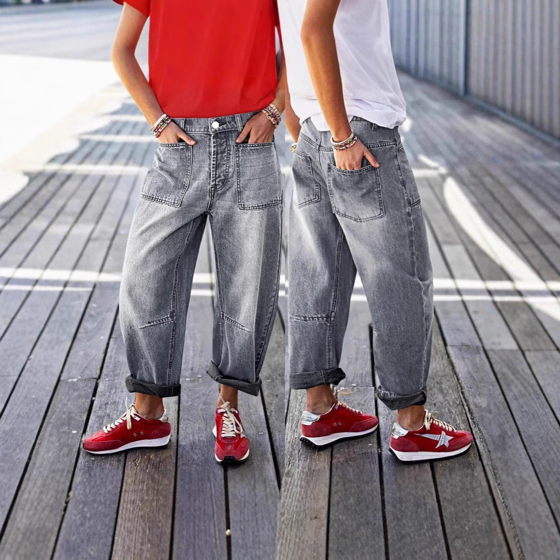 Mid-Rise Cropped Boot-Cut Jeans – Modest Denim in Blue & Grey