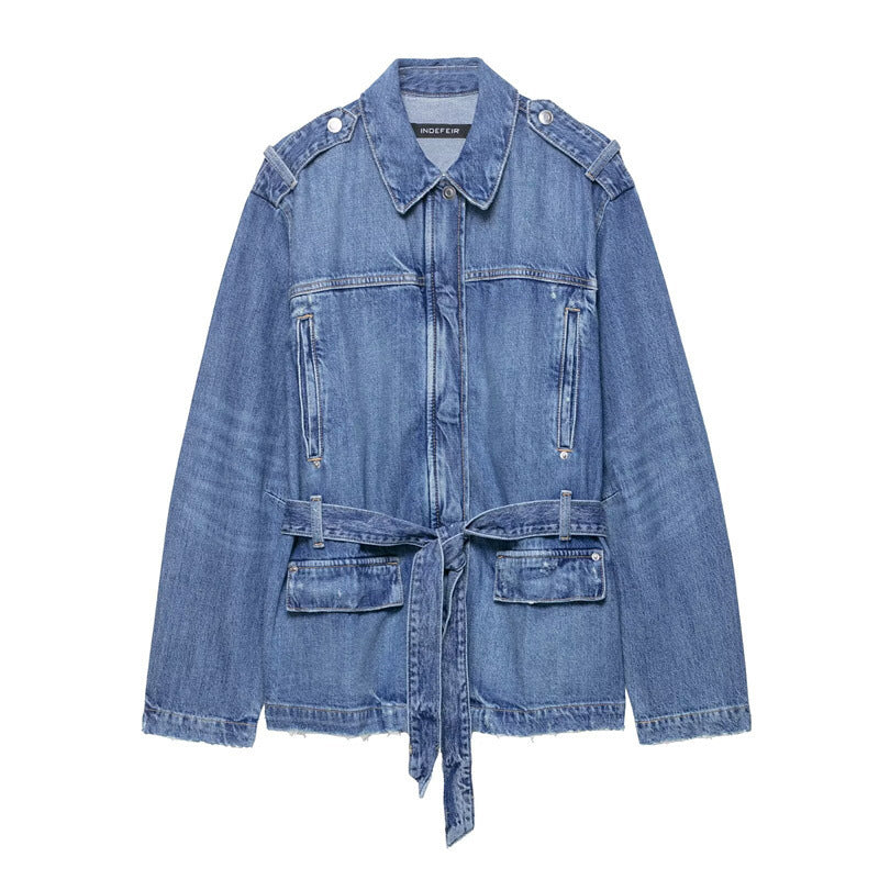 Long Denim Jacket with Loose High Waist Curl Jeans