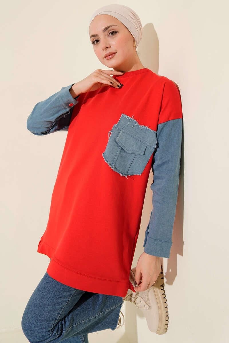 Denim Trimmed Two-String Premium Red Tunic [Pre-Order]