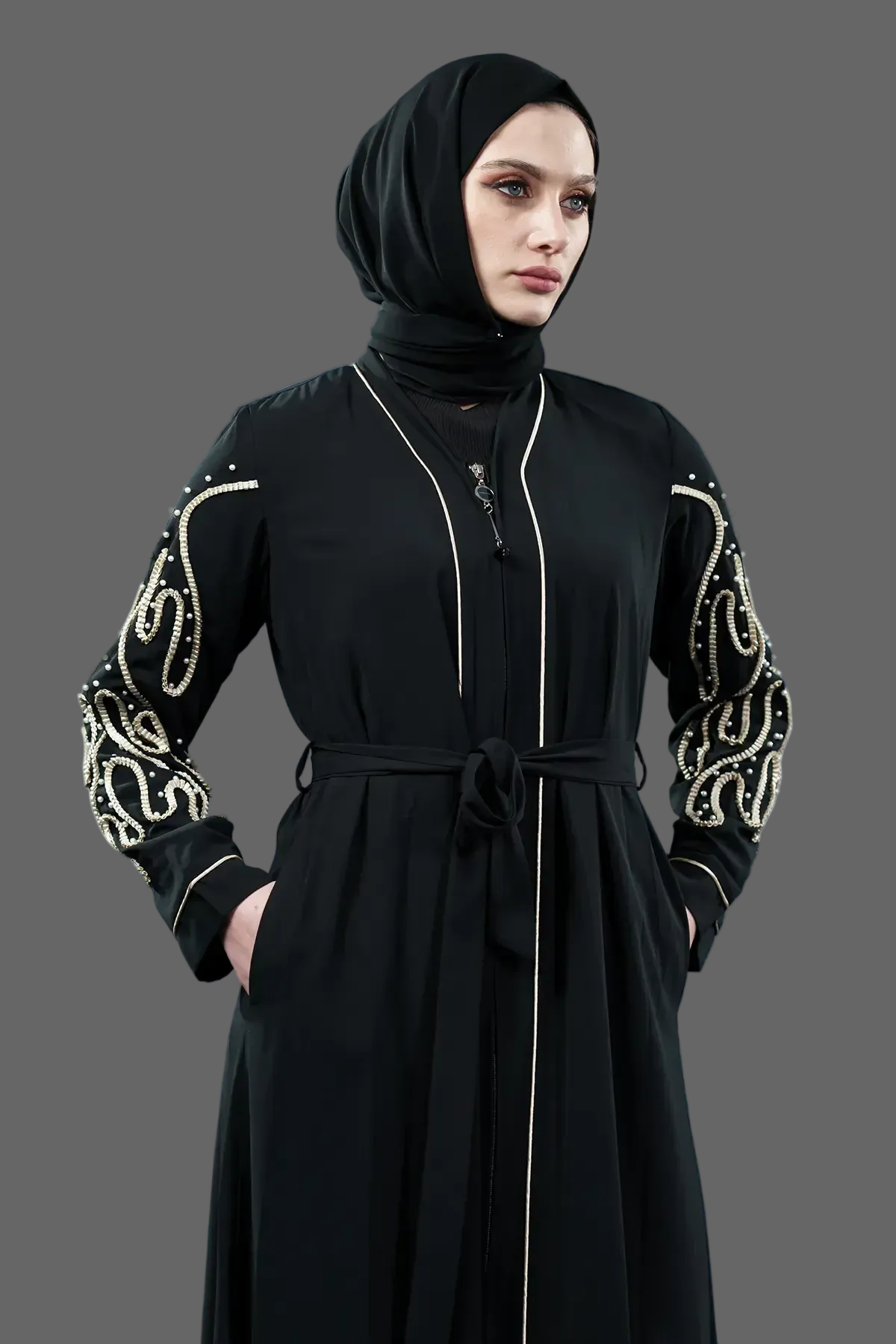 Pearl Embellished Abaya | Zippered | Black