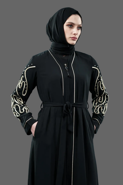 Pearl Embellished Abaya | Zippered | Black