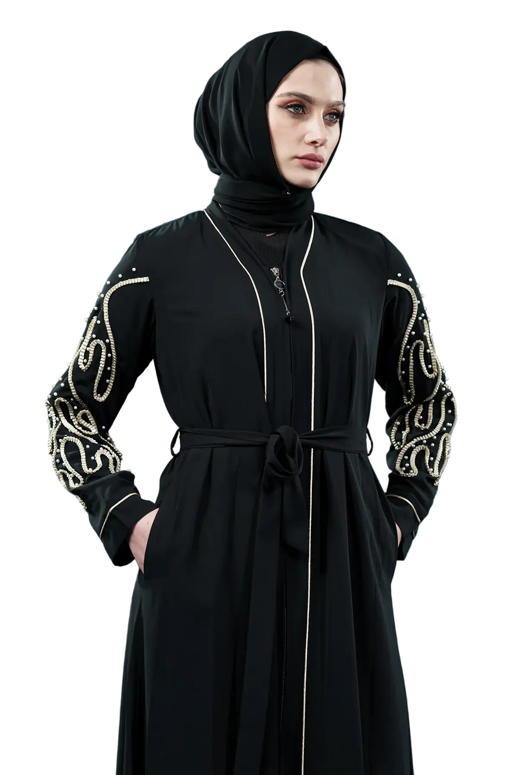 Pearl Embellished Abaya | Zippered | Black