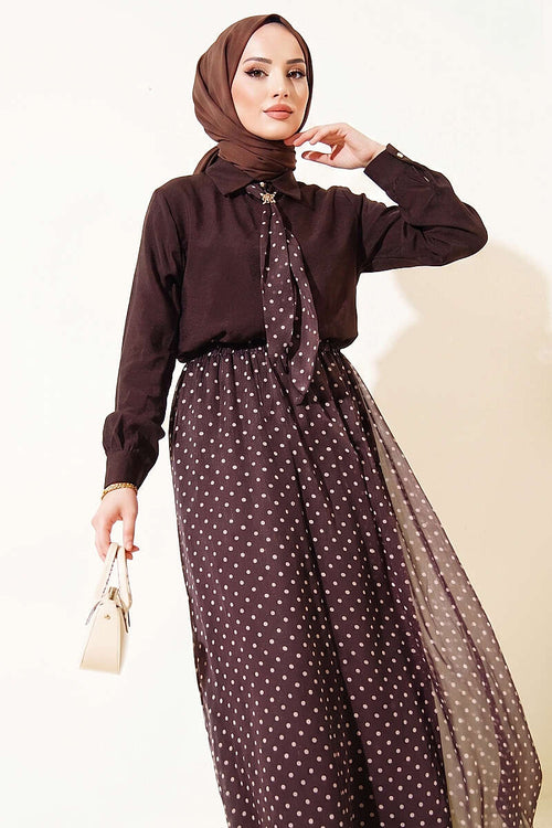 Polka Dot Patterned Two-Pieces Skirt and Scarf Set in Dark Brown