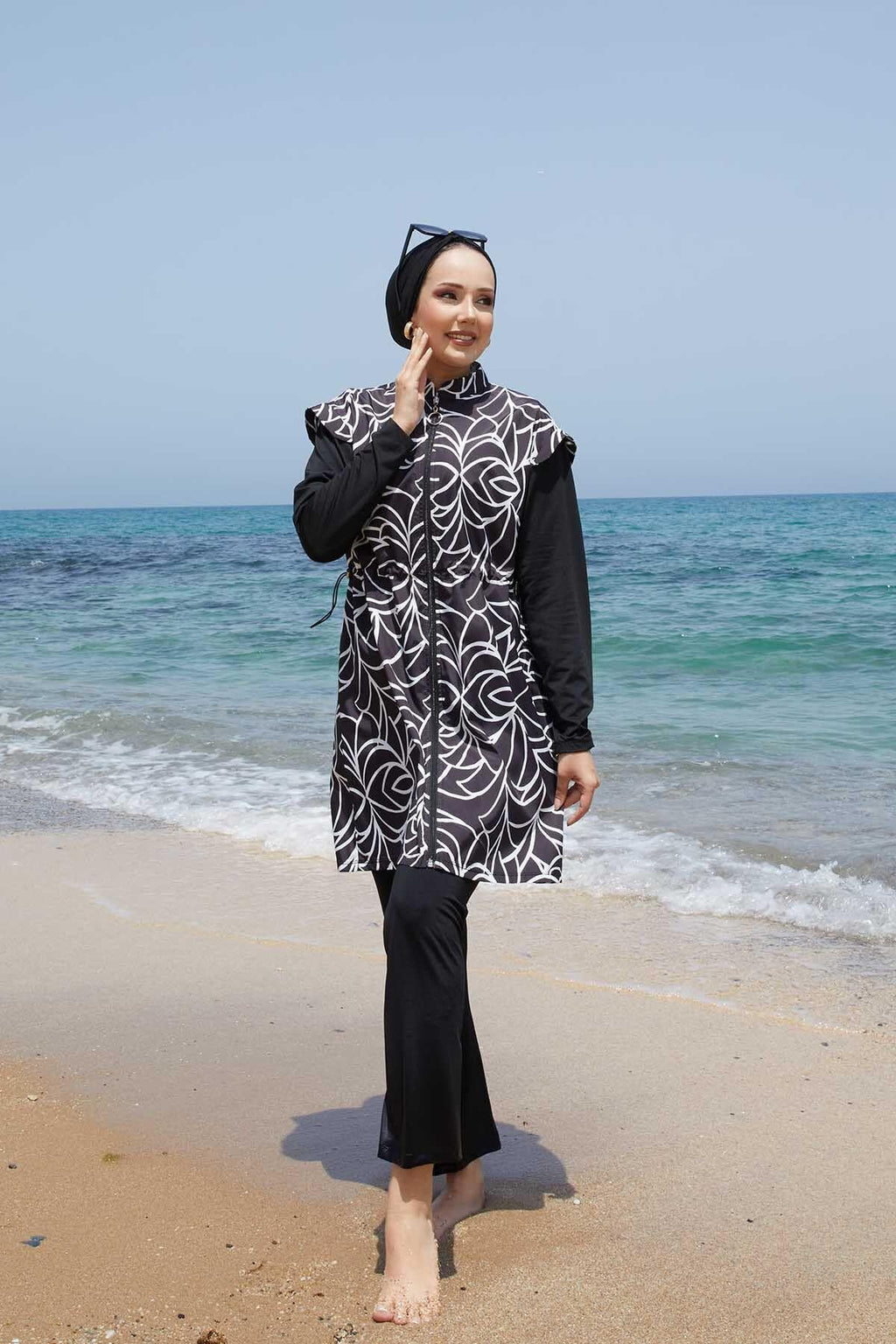 Metal Emblem Lycra Modest Swimsuit in Anthracite