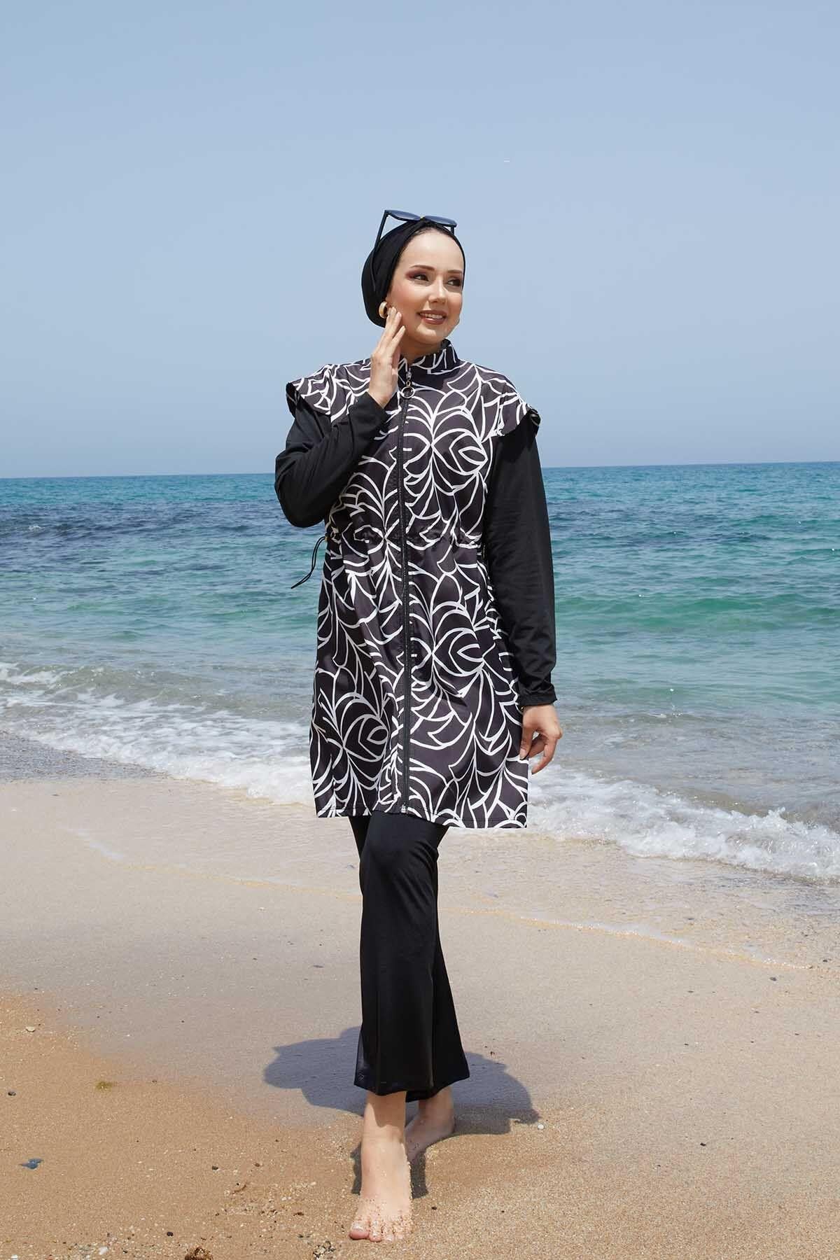Metal Emblem Lycra Modest Swimsuit in Anthracite