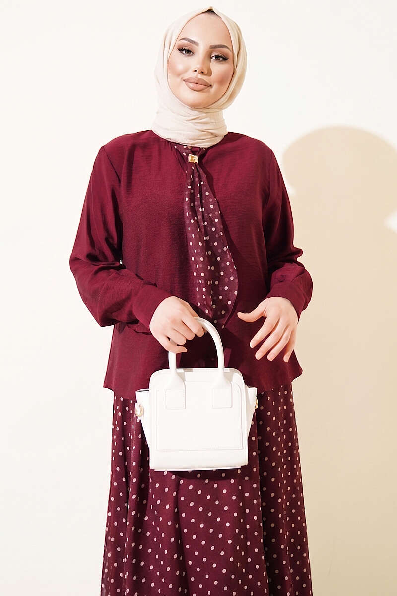 Two-Pieces Set with Polka Dot Skirt and Scarf, Burgundy