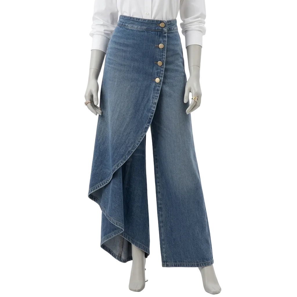 Mannequin wearing a blue denim skirt with a white shirt on a white background