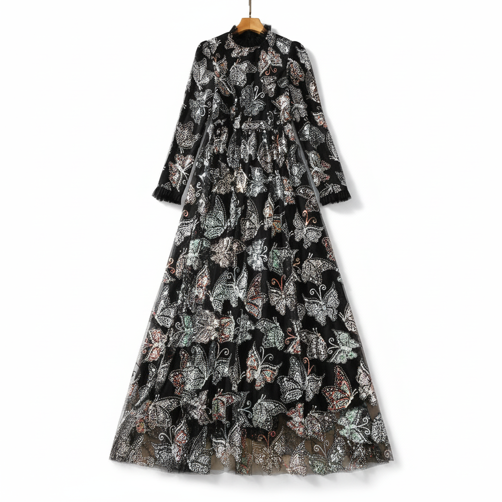 Black Sequined Butterfly Modest Dress | Long Sleeve Wide Hem