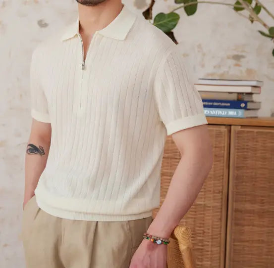 Men’s Linen Blend Lapel Zipper Stripe Short Sleeve T-shirt