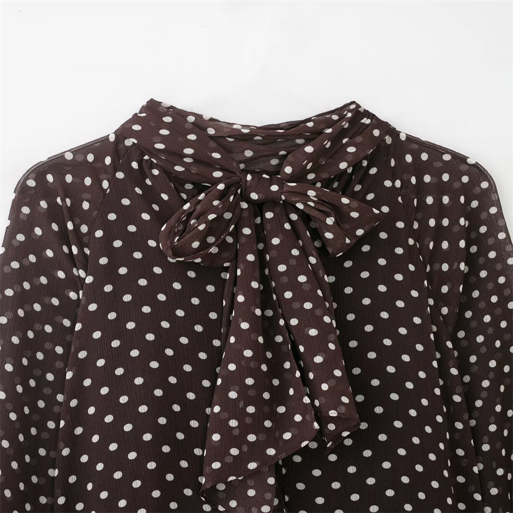 Polka Dot Bow Blouse - Spring Long-Sleeve Shirt