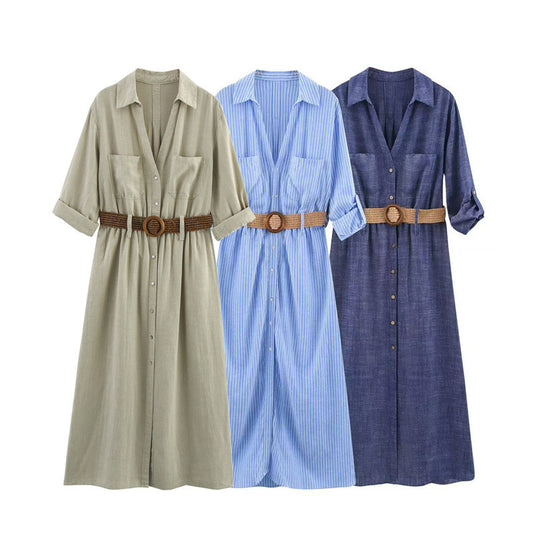 European And American Style Fashion With Belt Midi Skirt Dress