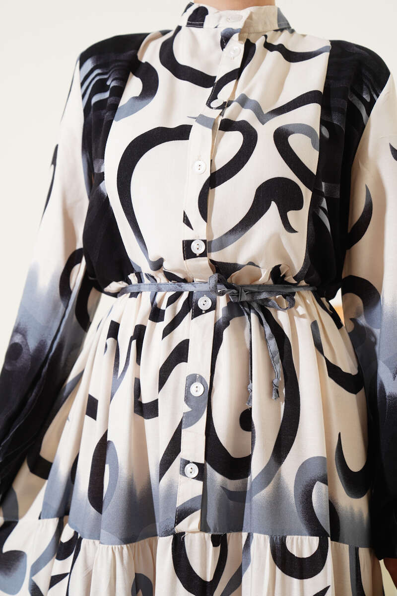 Purple & Black Buttoned Patterned Dress | Strappy Belt [Pre-Order]