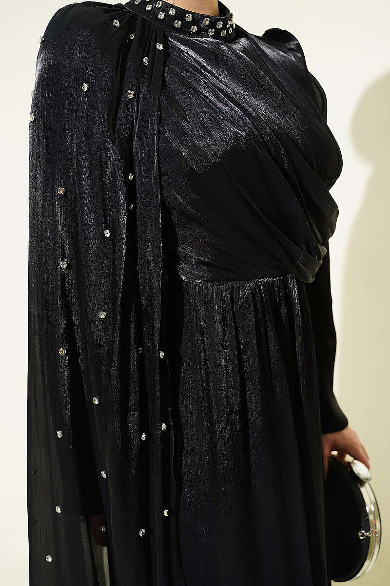 Modest One-Shoulder Cape Evening Dress with Embellishment – Brown