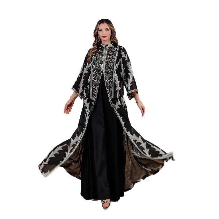 Women's Heavy Mesh Embroidery Long Robe, Middle Eastern Luxury Abaya Cape