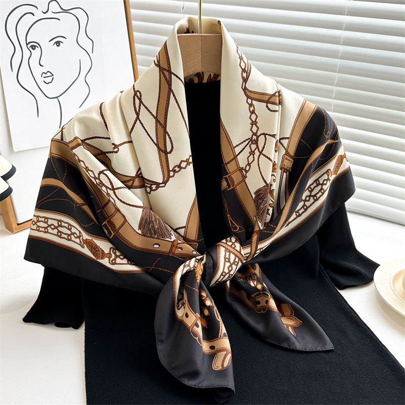 Women's Premium Twill Silk Scarf, Large Printed 90/90cm Striped Square Scarf