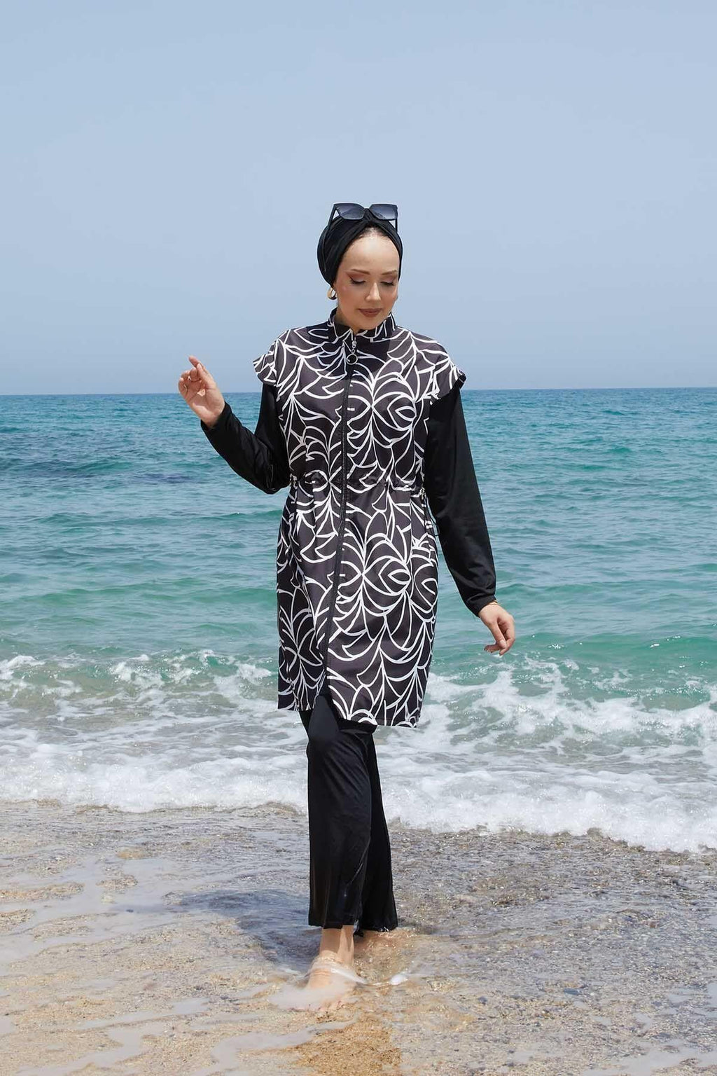 Metal Emblem Lycra Modest Swimsuit in Anthracite