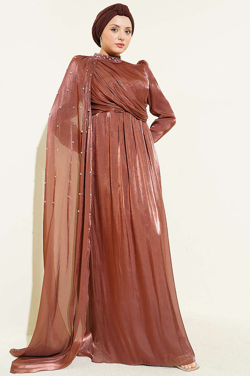 Modest One-Shoulder Cape Evening Dress with Embellishment – Brown