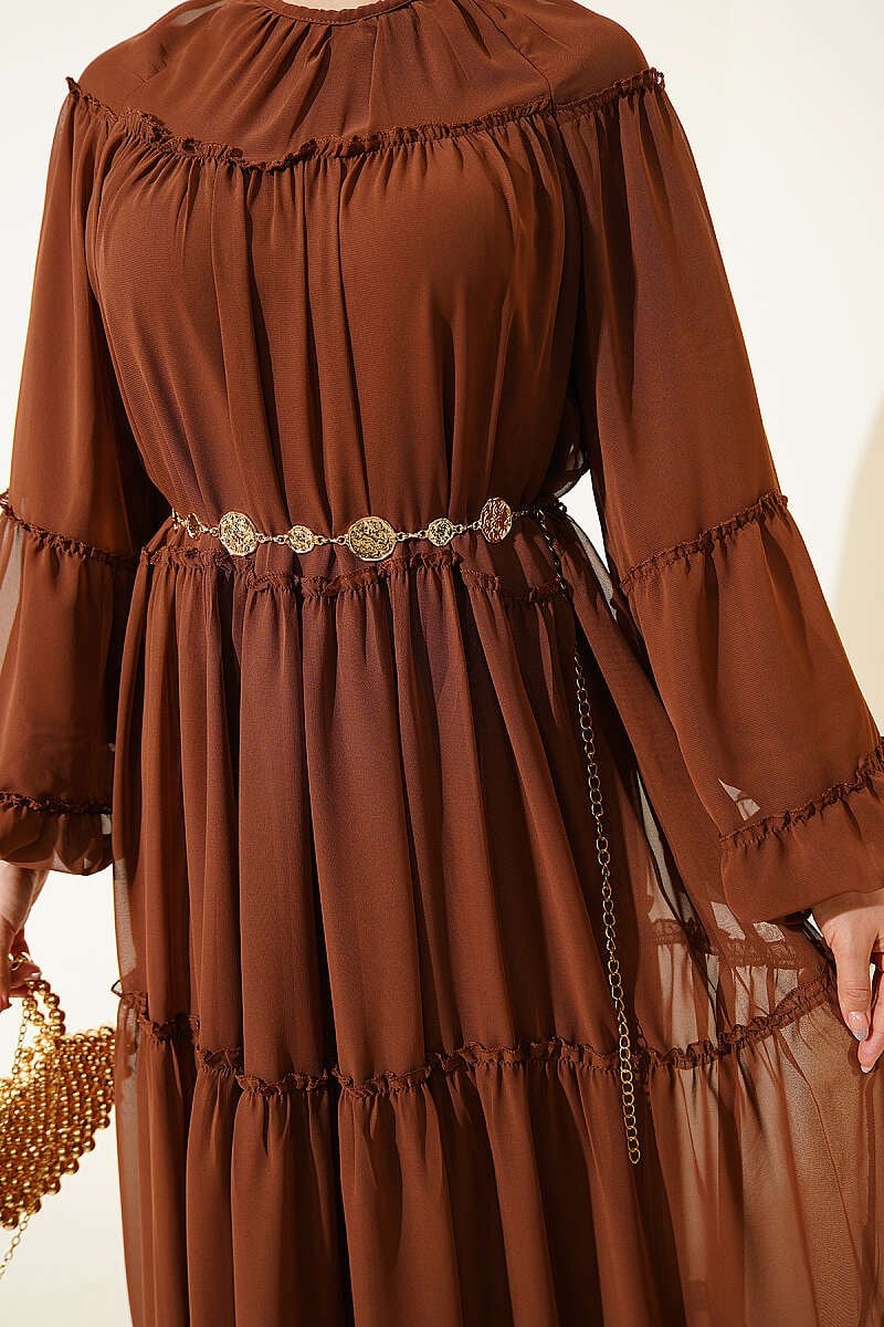 Layered Chiffon Dress with Elastic Ankles, Brown