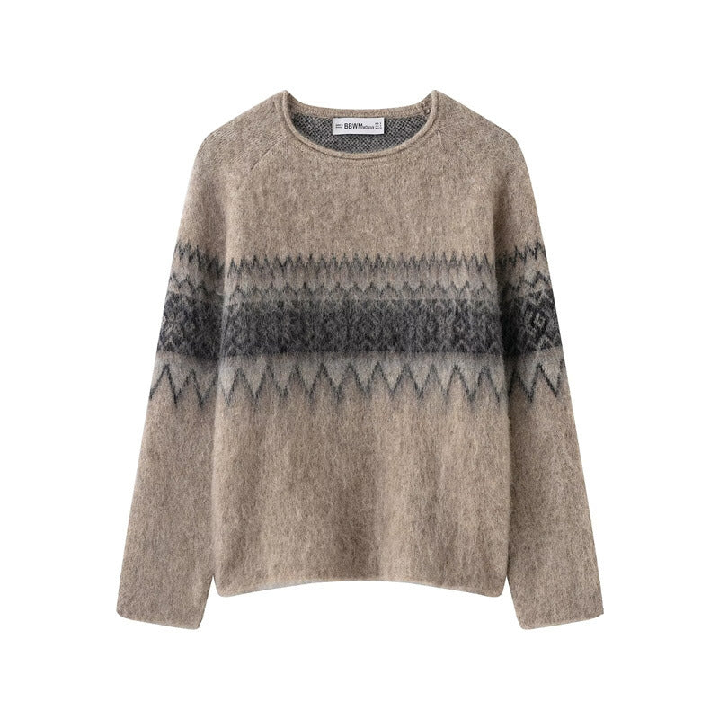 Women's Distressed Effect Jacquard Knit Sweater
