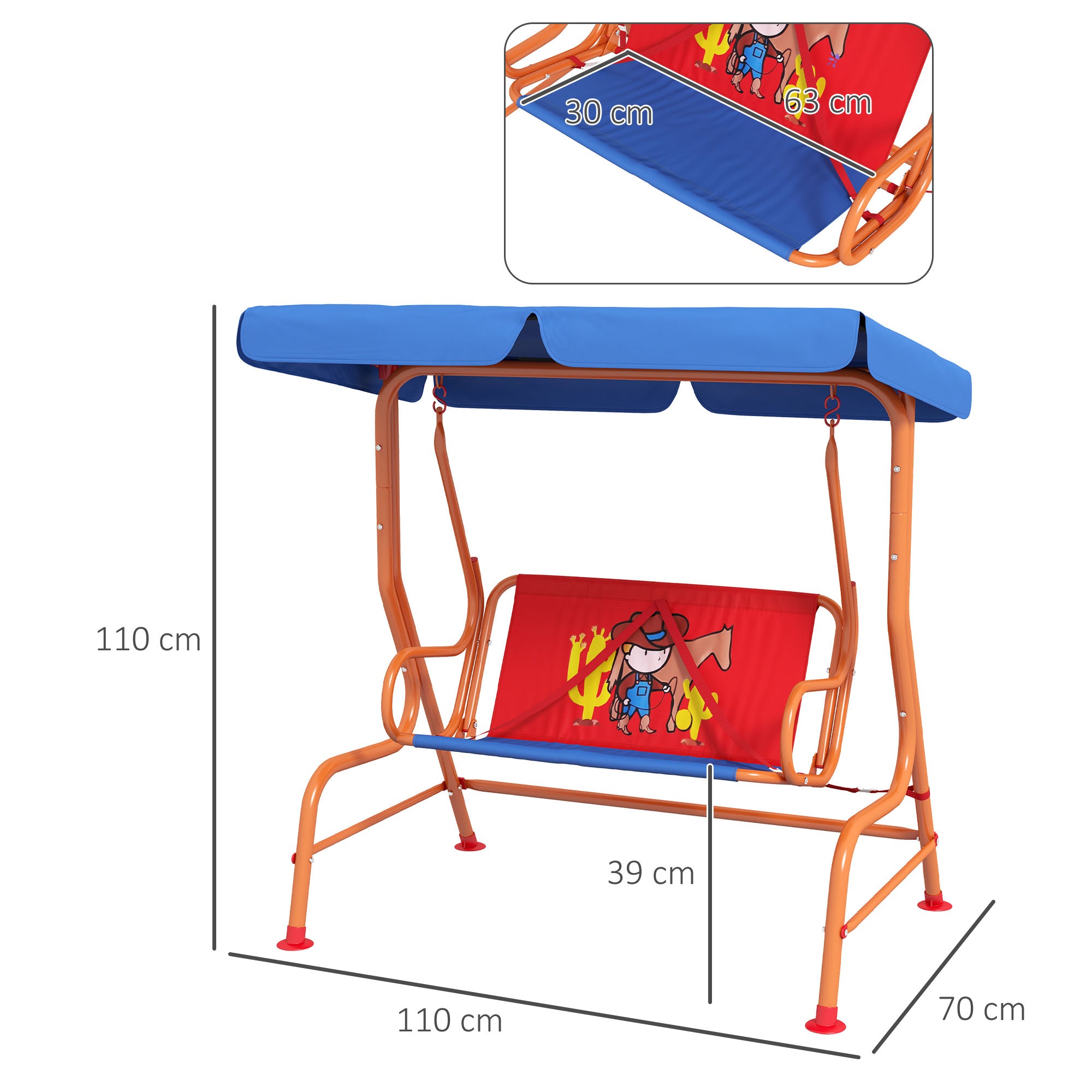 Two Seater Kids Garden Swing, Cowboy Themed Kids Swing Chair With Adjustable Canopy, Safety Belts For Outdoor Use