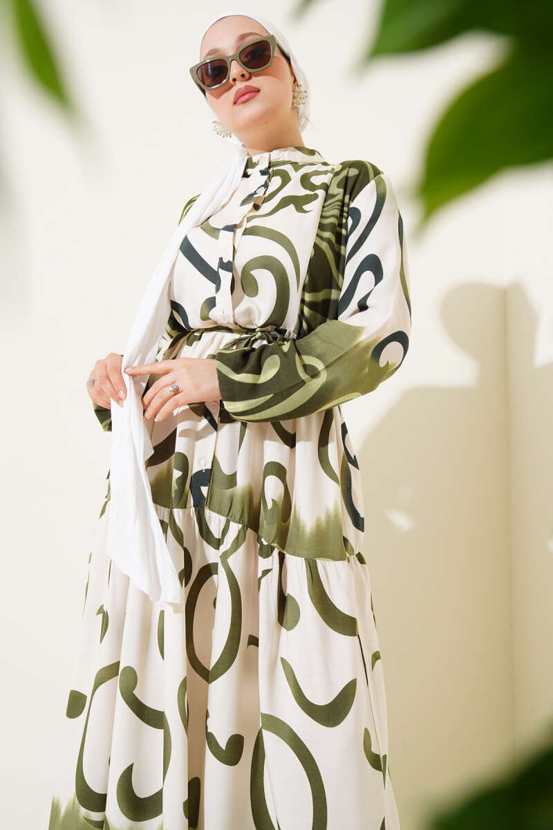 Patterned Summer Dress – Drawstring Belt | Khaki & Indigo