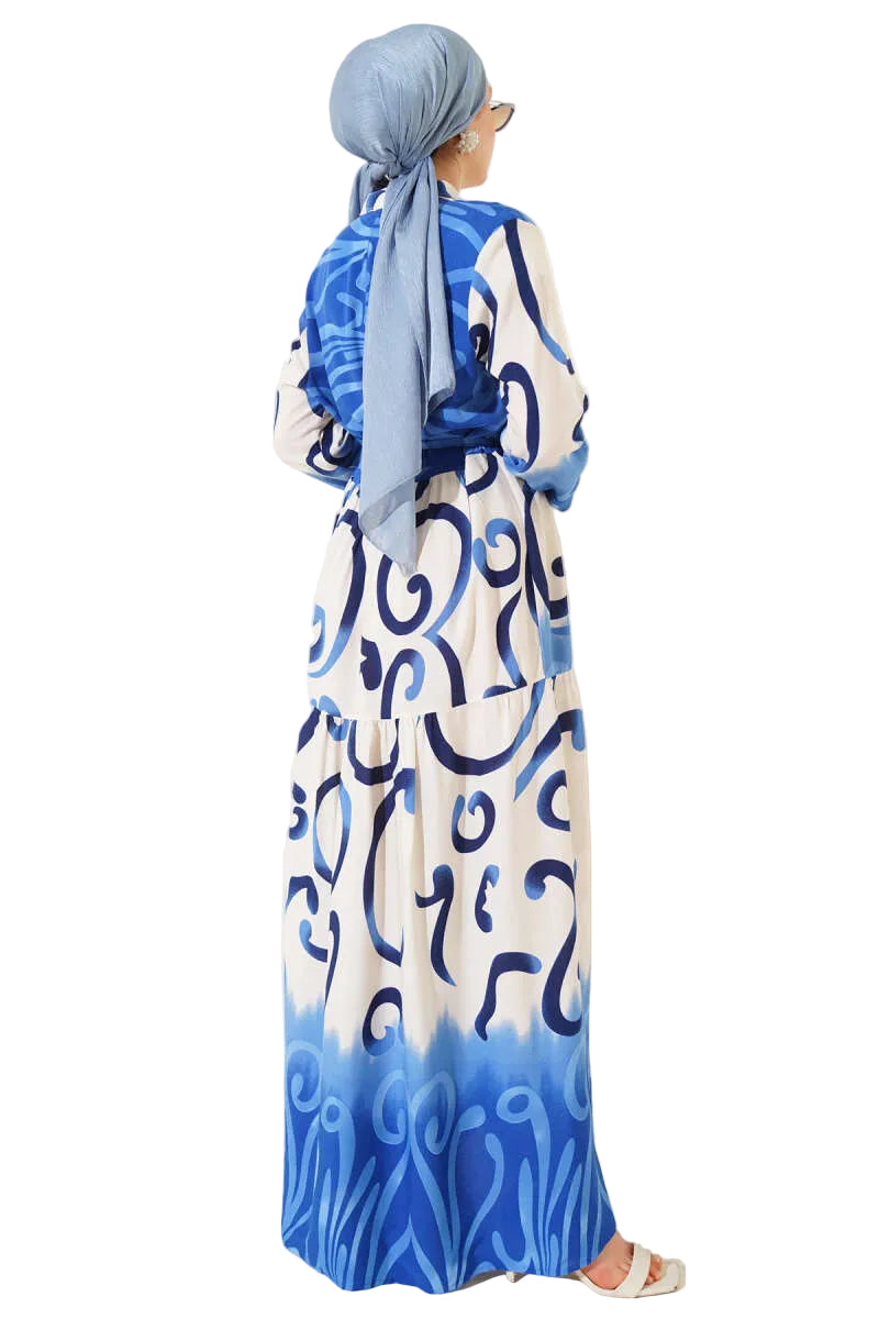 Patterned Summer Dress – Drawstring Belt | Khaki & Indigo