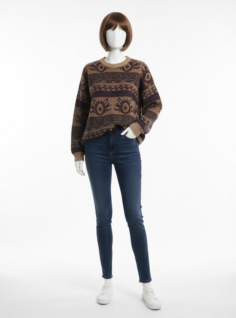 Women's Jacquard Color Block Pullover Sweater - Round Neck Knit