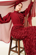 Floral Patterned Tulle Cape Evening Dress | Burgundy [Pre-Order]