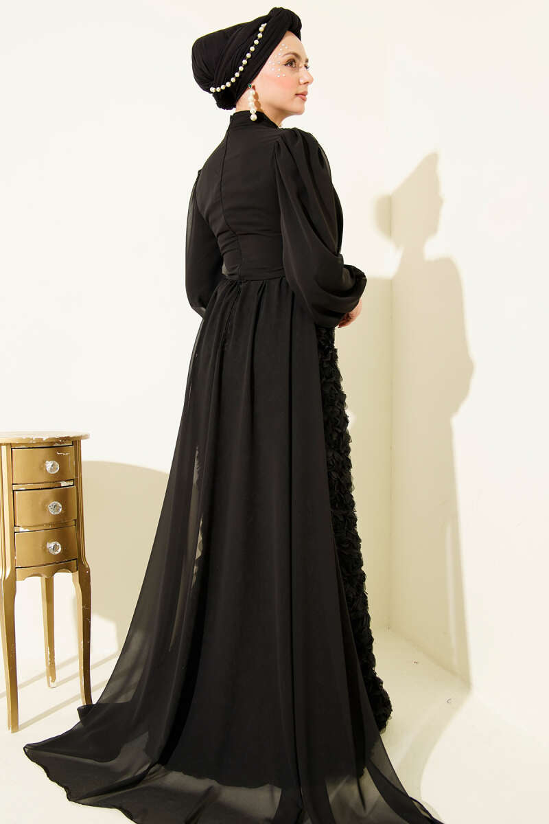 Floral Patterned Tulle Cape Evening Dress