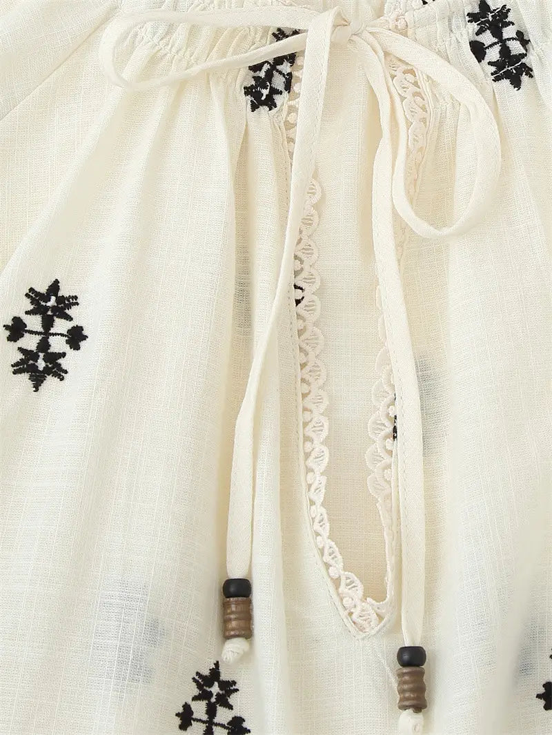 Women’s Casual Long Sleeve Lace-up Embroidered Blouse