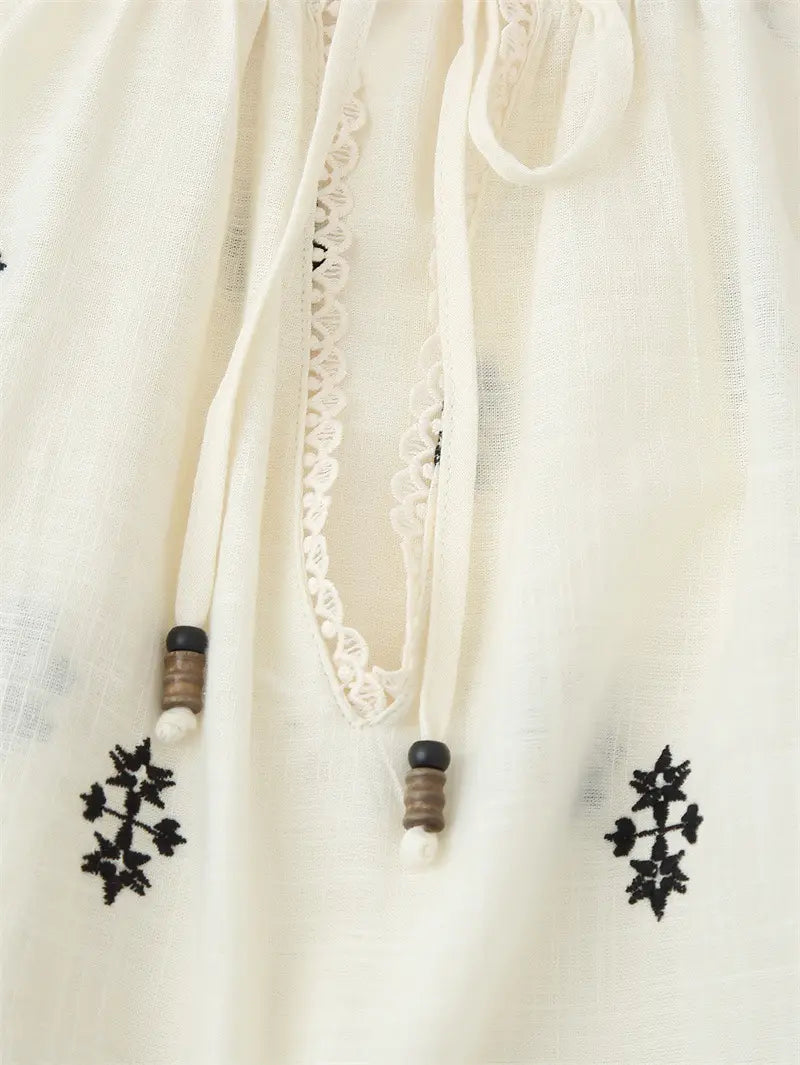 Women’s Casual Long Sleeve Lace-up Embroidered Blouse