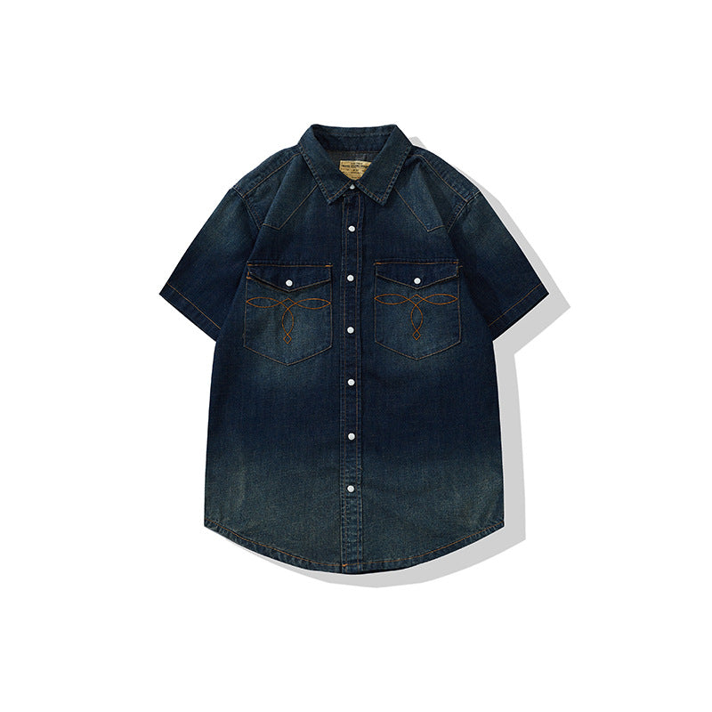 Men's Retro Denim Short Sleeve Shirt | Classic Washed Cotton