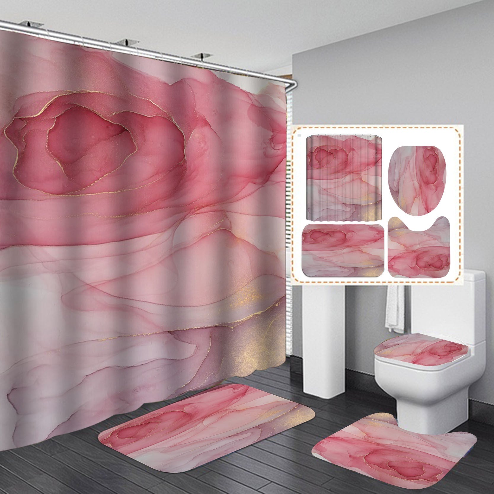 3D Waterproof Bath Curtain Set Flannel Bath Mat Home Decor - B / 120x180cm - Bathroom curtain set