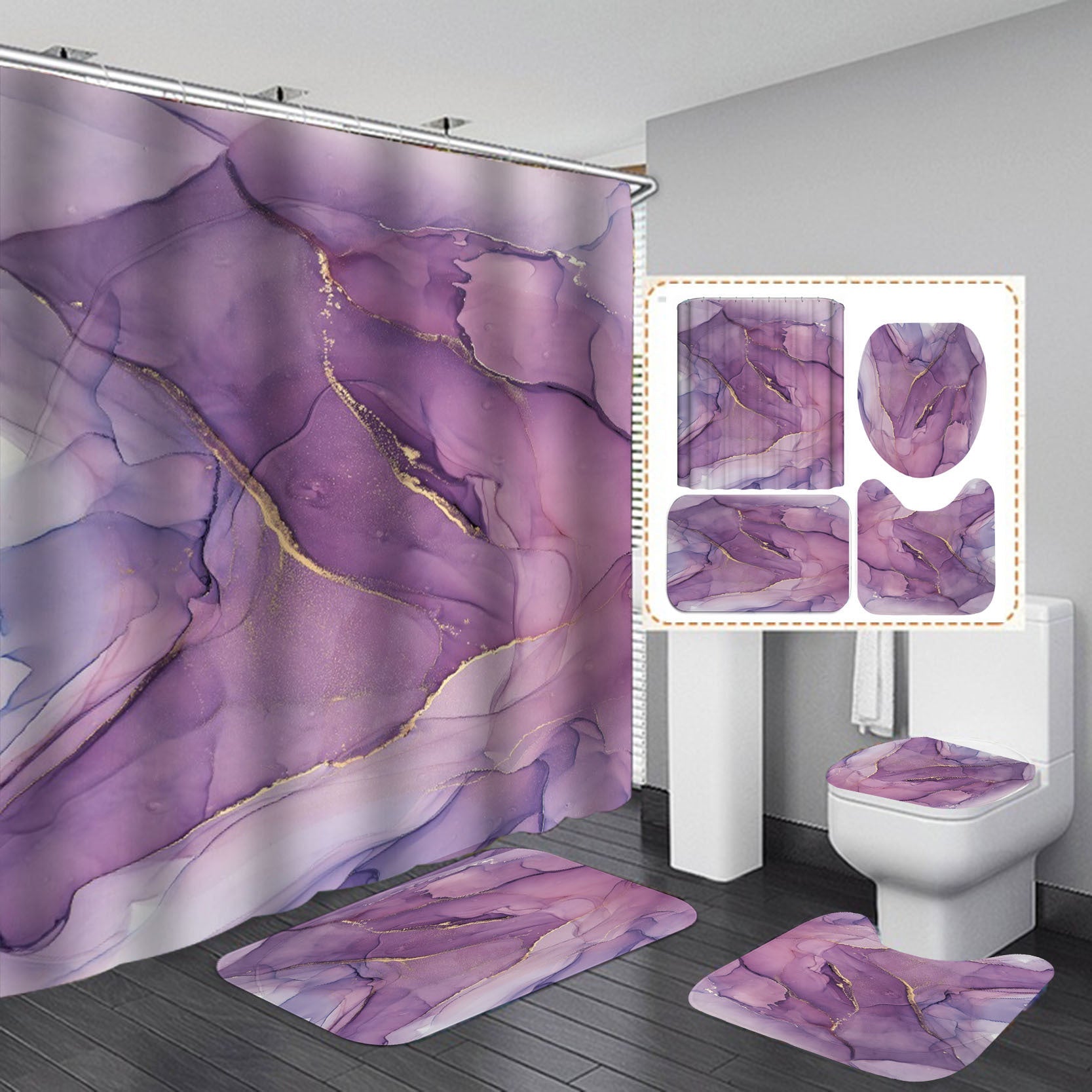 3D Waterproof Bath Curtain Set Flannel Bath Mat Home Decor - C / 120x180cm - Bathroom curtain set