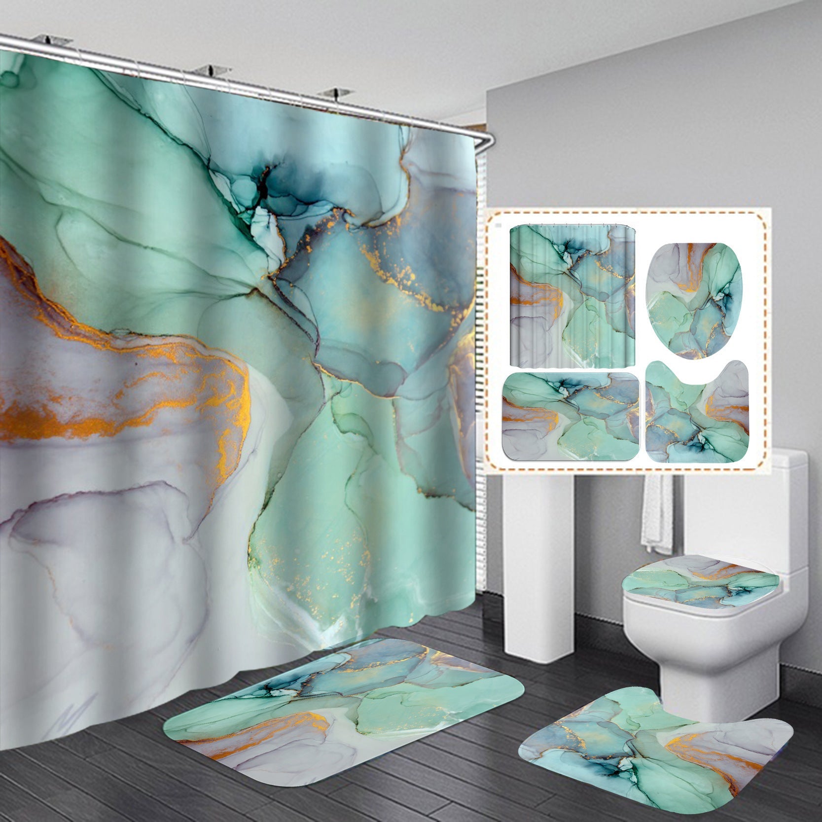 3D Waterproof Bath Curtain Set Flannel Bath Mat Home Decor - E / 120x180cm - Bathroom curtain set
