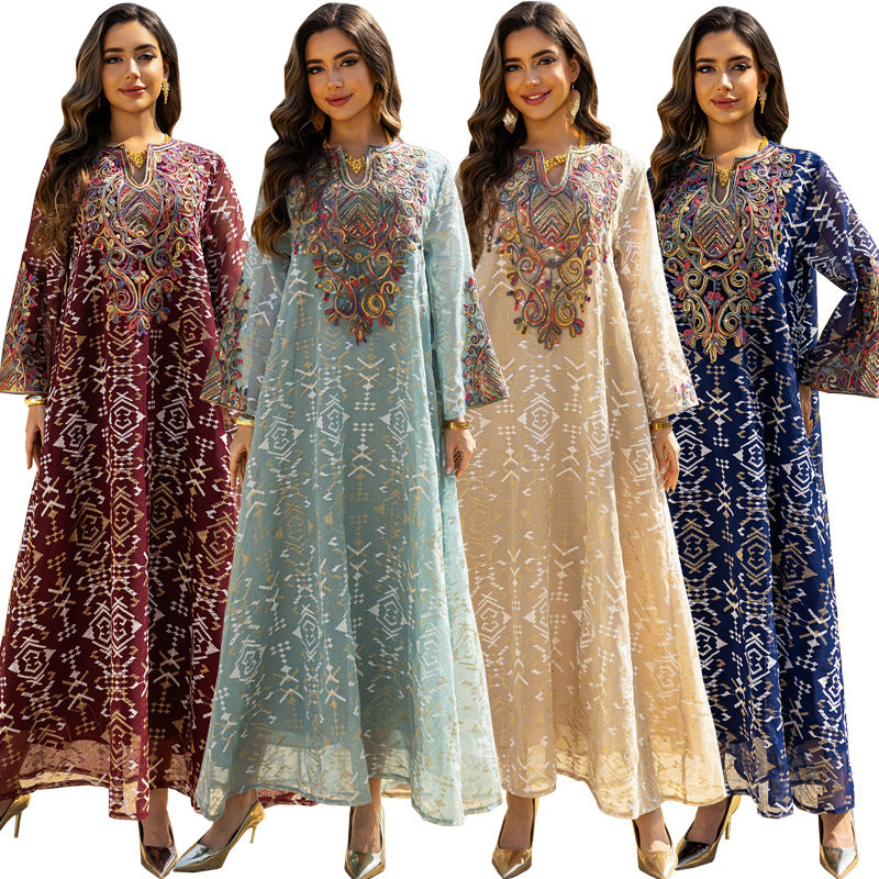 Embroidery Patchwork Evening Dress, Modest Evening Dress