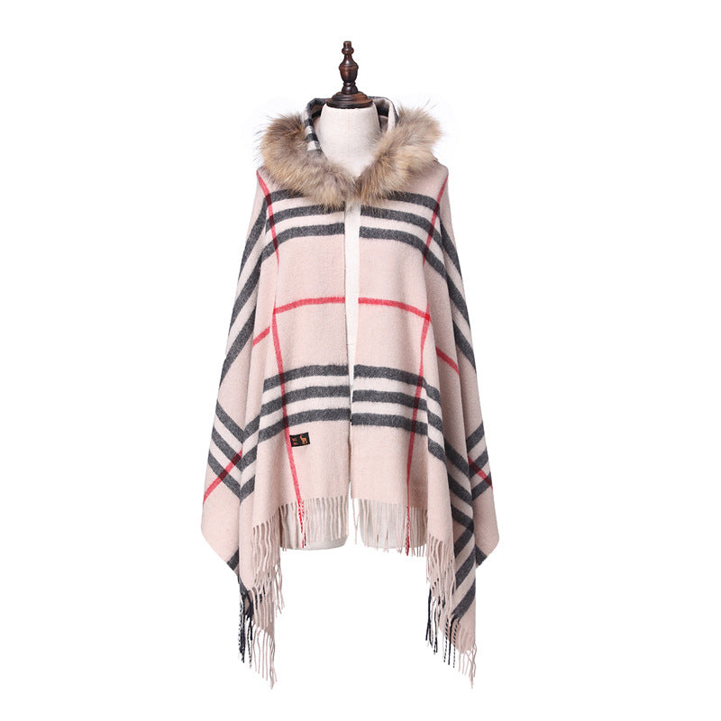 Women's Fur Collar Wool Plaid Scarf