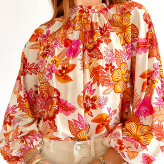 Orangefarbene Bluse mit Puffärmeln und Blumenmuster