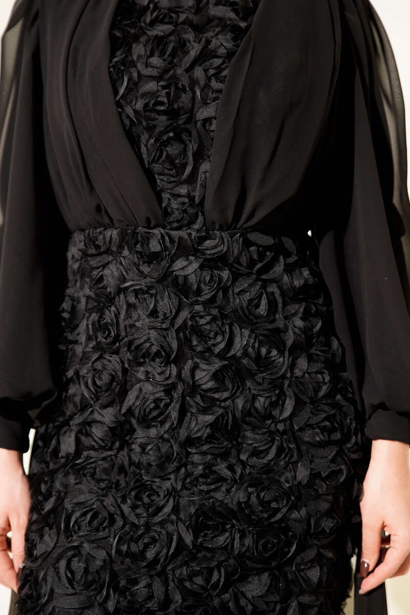 Floral Patterned Tulle Cape Evening Dress | Black & Navy [Pre-Order]