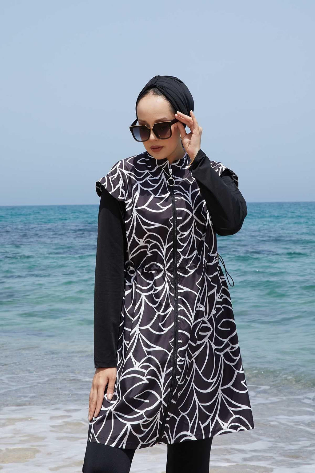 Metal Emblem Lycra Modest Swimsuit in Anthracite