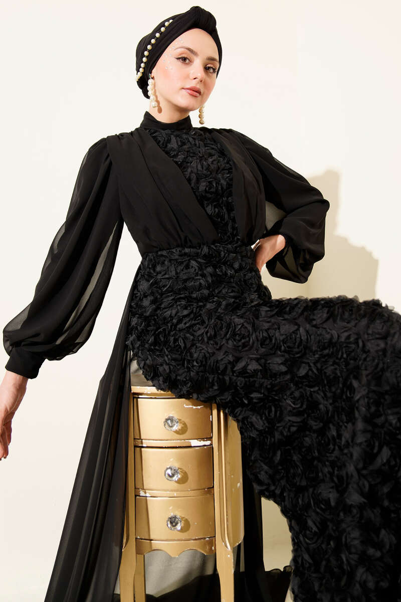 Floral Patterned Tulle Cape Evening Dress