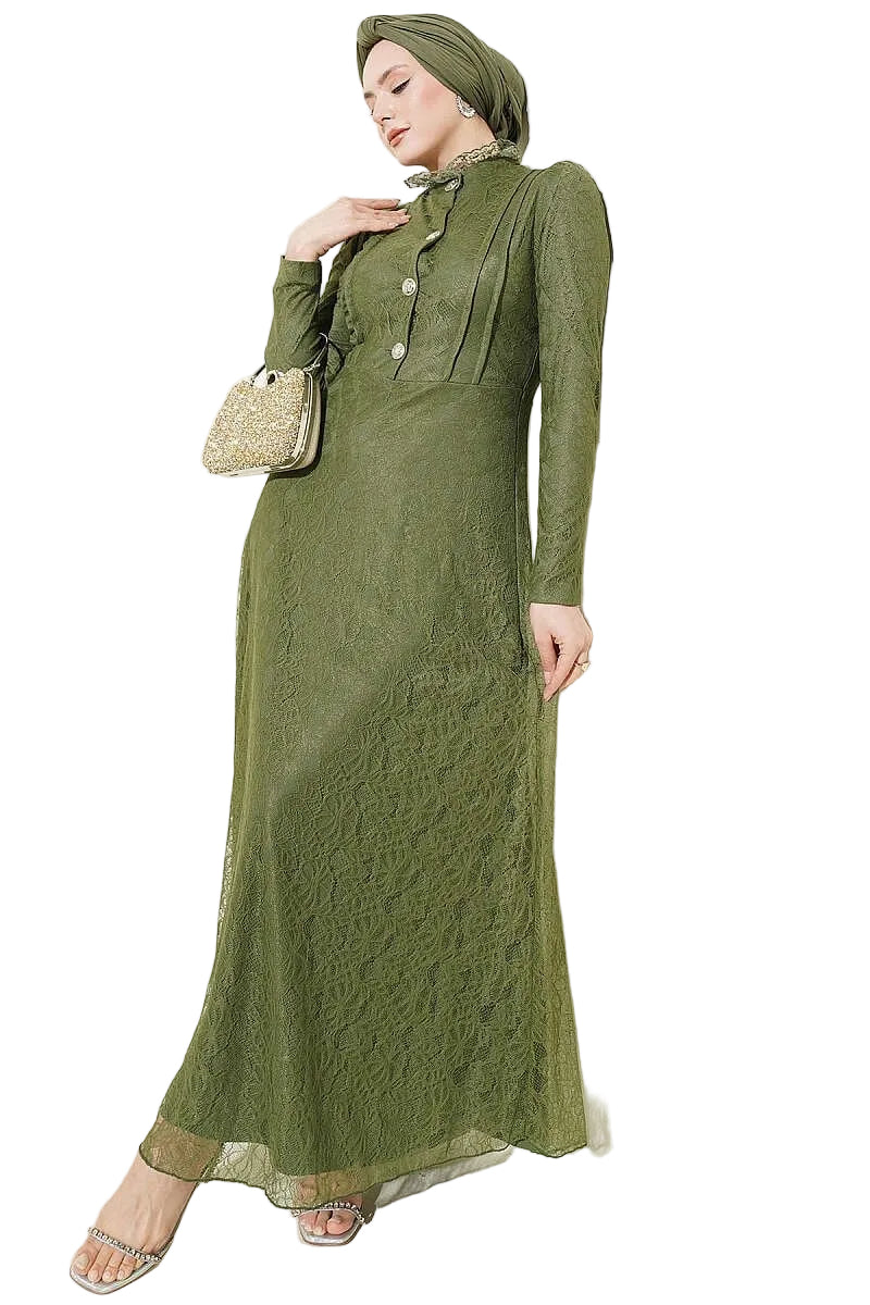 Buttoned Evening Lace Dress-Khaki