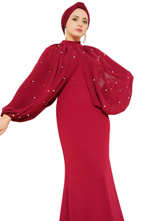Burgundy Steep Collard Evening Dress with Pearl Cape
