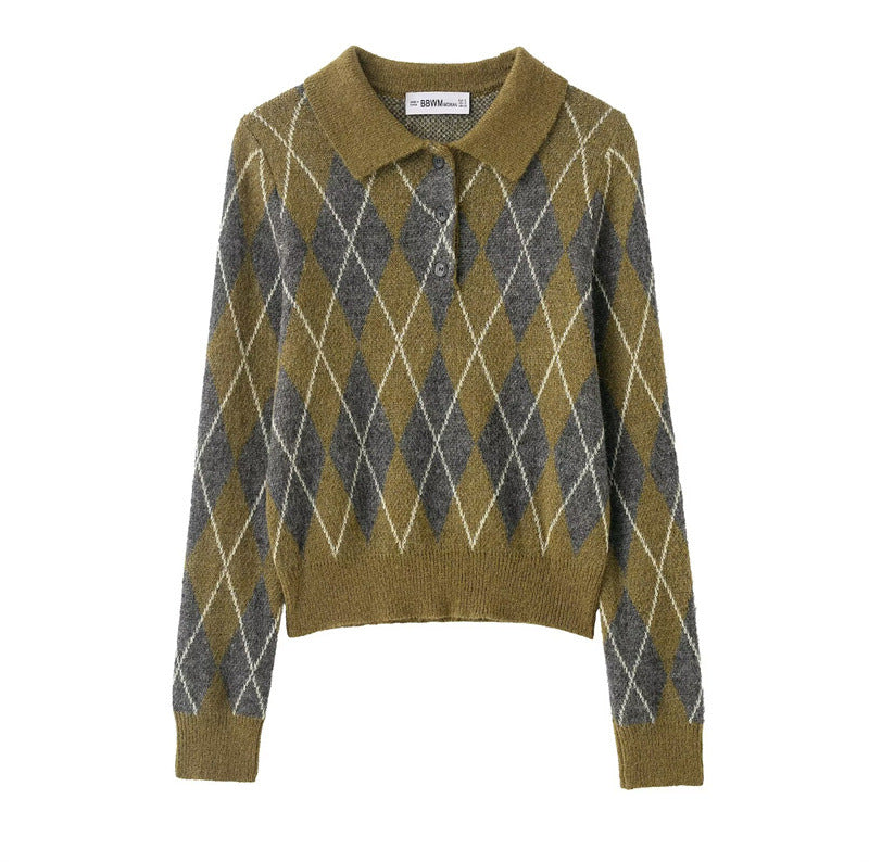 Women's Long-sleeve Buttoned Diamond-patterned Knitted Sweater